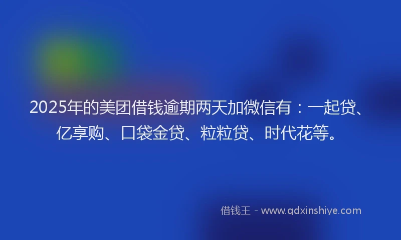 2025年的美团借钱逾期两天加微信有：一起贷、亿享购、口袋金贷、粒粒贷、时代花等。