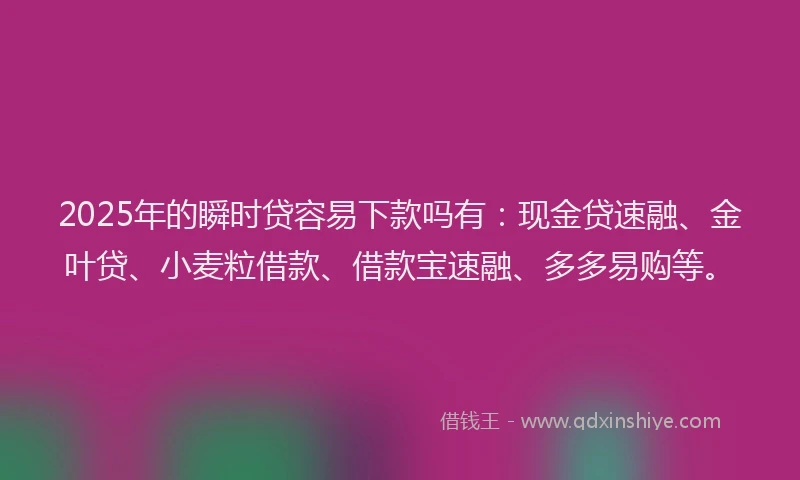 2025年的瞬时贷容易下款吗有：现金贷速融、金叶贷、小麦粒借款、借款宝速融、多多易购等。