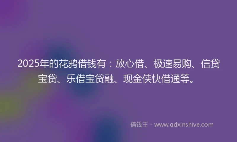2025年的花鸦借钱有：放心借、极速易购、信贷宝贷、乐借宝贷融、现金侠快借通等。