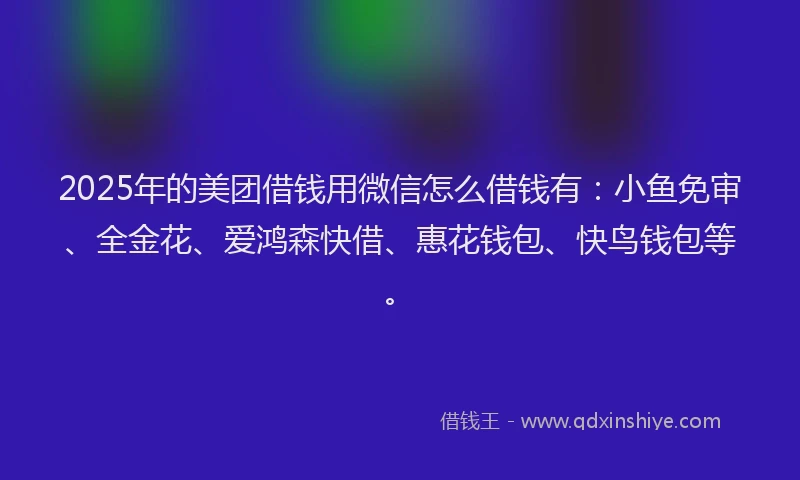 2025年的美团借钱用微信怎么借钱有：小鱼免审、全金花、爱鸿森快借、惠花钱包、快鸟钱包等。