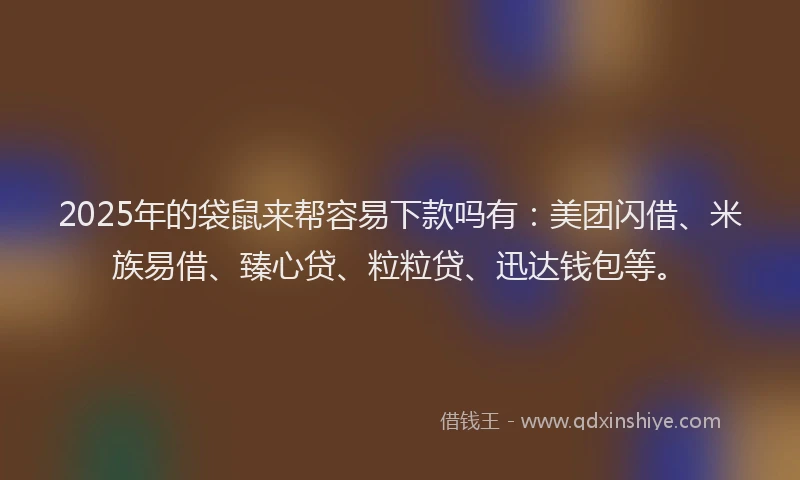 2025年的袋鼠来帮容易下款吗有：美团闪借、米族易借、臻心贷、粒粒贷、迅达钱包等。