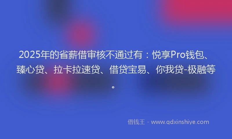 2025年的省薪借审核不通过有：悦享Pro钱包、臻心贷、拉卡拉速贷、借贷宝易、你我贷-极融等。