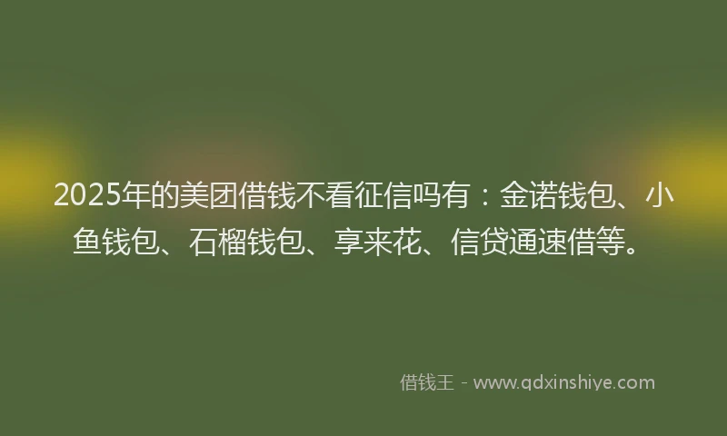 2025年的美团借钱不看征信吗有：金诺钱包、小鱼钱包、石榴钱包、享来花、信贷通速借等。