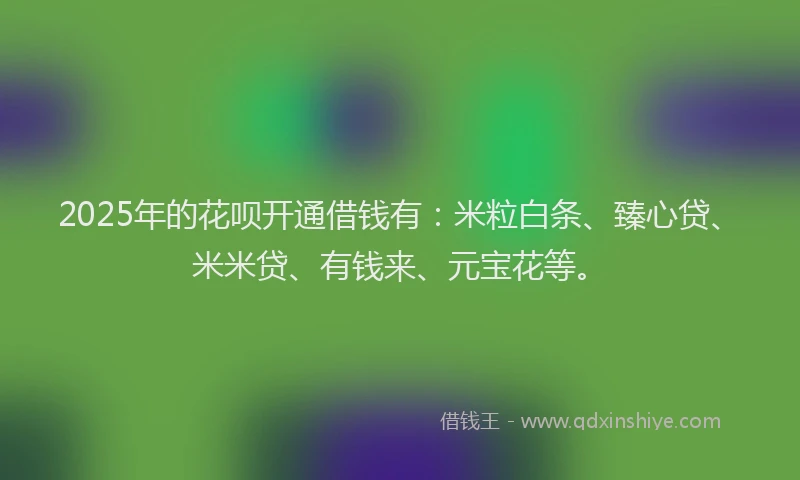 2025年的花呗开通借钱有：米粒白条、臻心贷、米米贷、有钱来、元宝花等。