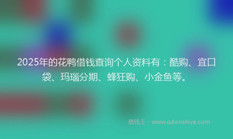 2025年的花鸭借钱查询个人资料有：酷购、宜口袋、玛瑙分期、蜂狂购、小金鱼等。