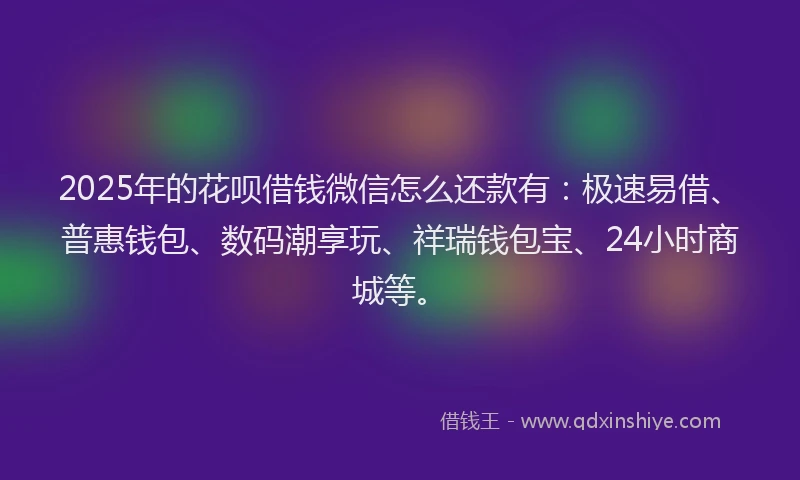 2025年的花呗借钱微信怎么还款有：极速易借、普惠钱包、数码潮享玩、祥瑞钱包宝、24小时商城等。