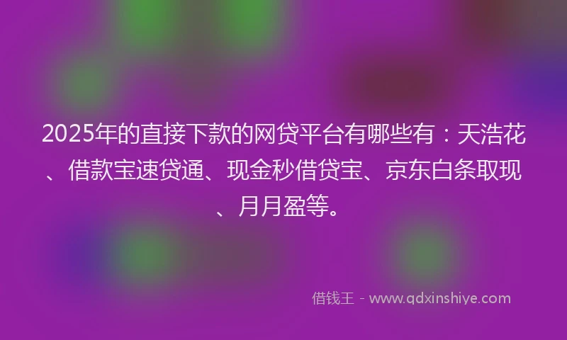 2025年的直接下款的网贷平台有哪些有：天浩花、借款宝速贷通、现金秒借贷宝、京东白条取现、月月盈等。