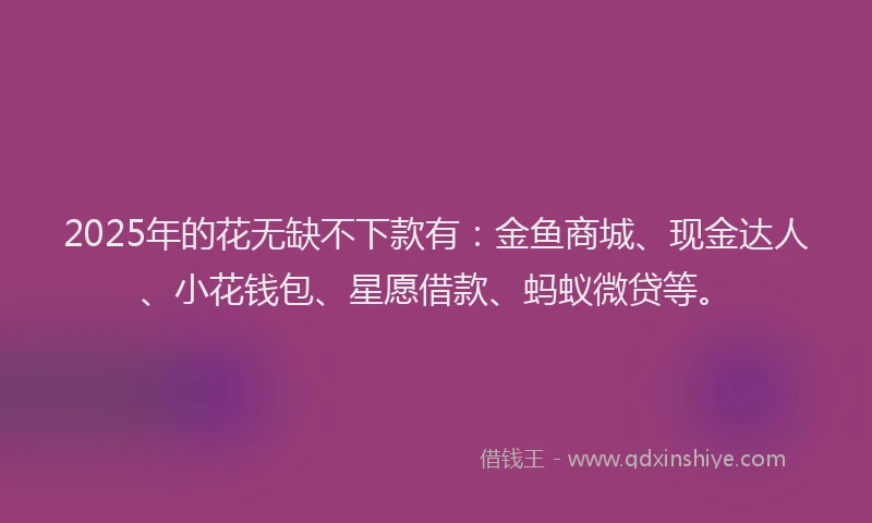 2025年的花无缺不下款有：金鱼商城、现金达人、小花钱包、星愿借款、蚂蚁微贷等。