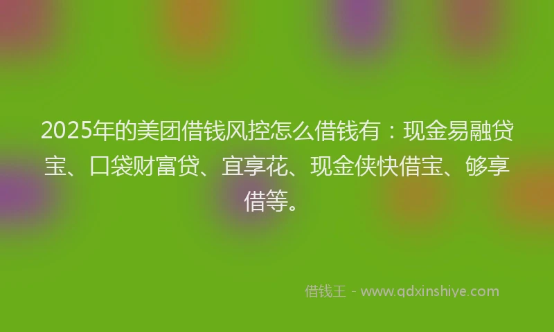 2025年的美团借钱风控怎么借钱有：现金易融贷宝、口袋财富贷、宜享花、现金侠快借宝、够享借等。