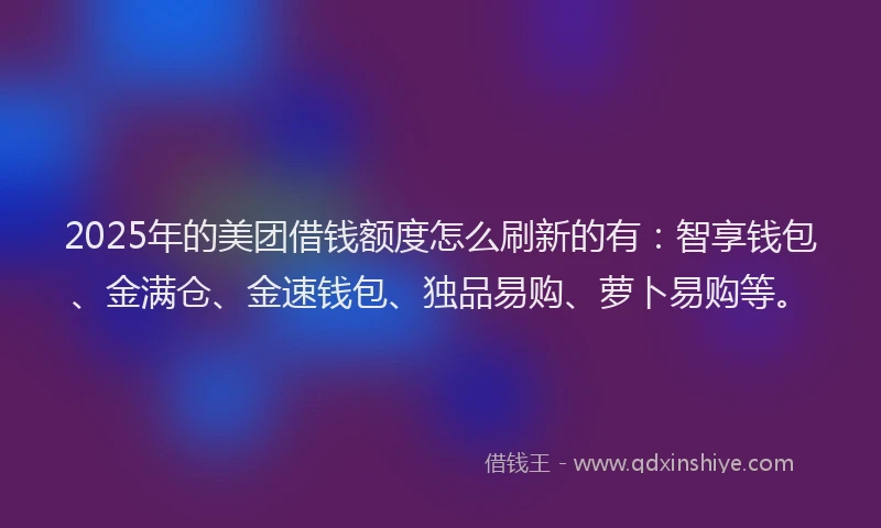 2025年的美团借钱额度怎么刷新的有：智享钱包、金满仓、金速钱包、独品易购、萝卜易购等。