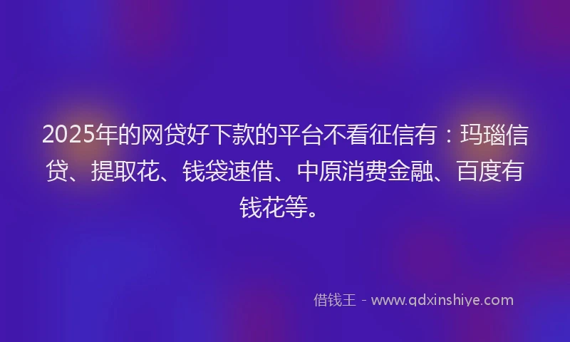 2025年的网贷好下款的平台不看征信有：玛瑙信贷、提取花、钱袋速借、中原消费金融、百度有钱花等。