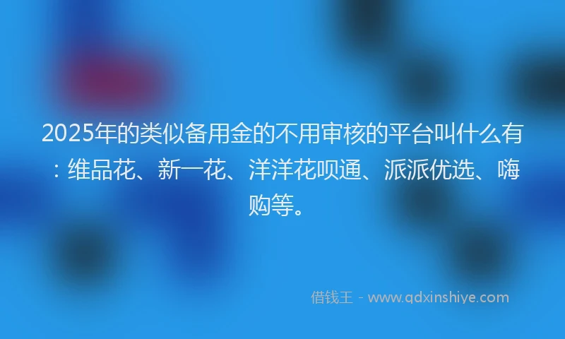 2025年的类似备用金的不用审核的平台叫什么有：维品花、新一花、洋洋花呗通、派派优选、嗨购等。