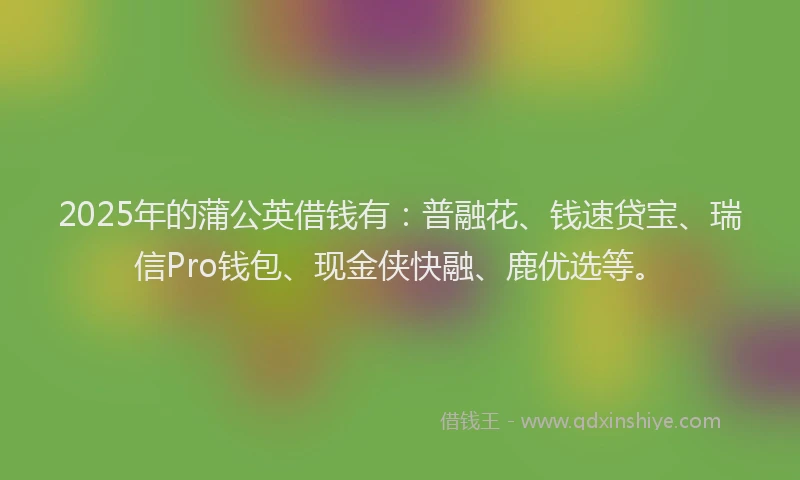 2025年的蒲公英借钱有：普融花、钱速贷宝、瑞信Pro钱包、现金侠快融、鹿优选等。