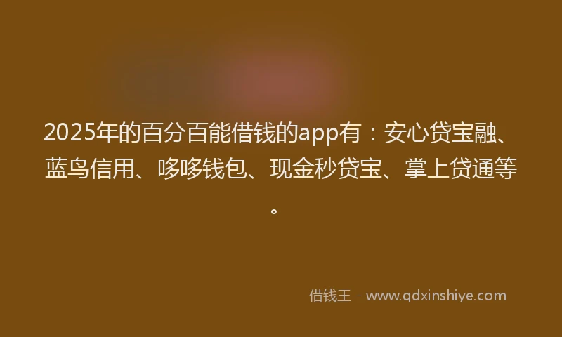 2025年的百分百能借钱的app有：安心贷宝融、蓝鸟信用、哆哆钱包、现金秒贷宝、掌上贷通等。