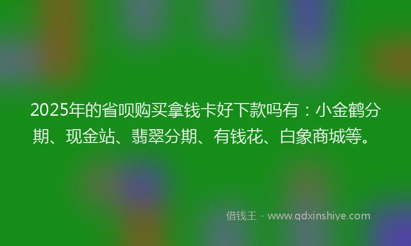 2025年的省呗购买拿钱卡好下款吗有：小金鹤分期、现金站、翡翠分期、有钱花、白象商城等。