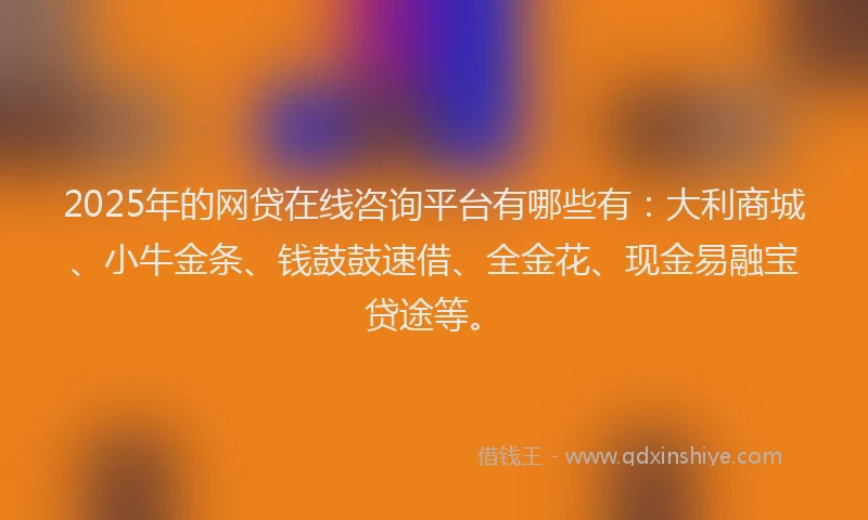 2025年的网贷在线咨询平台有哪些有：大利商城、小牛金条、钱鼓鼓速借、全金花、现金易融宝贷途等。