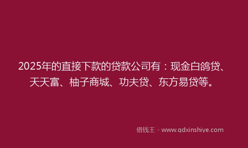 2025年的直接下款的贷款公司有：现金白鸽贷、天天富、柚子商城、功夫贷、东方易贷等。