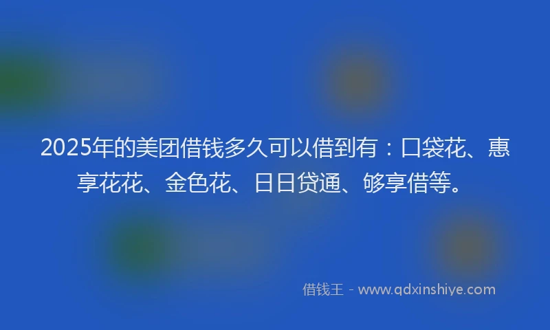 2025年的美团借钱多久可以借到有：口袋花、惠享花花、金色花、日日贷通、够享借等。