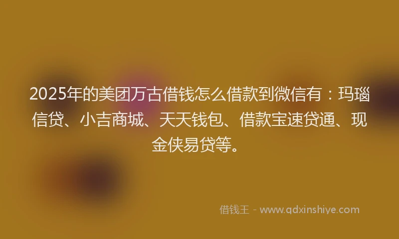 2025年的美团万古借钱怎么借款到微信有：玛瑙信贷、小吉商城、天天钱包、借款宝速贷通、现金侠易贷等。