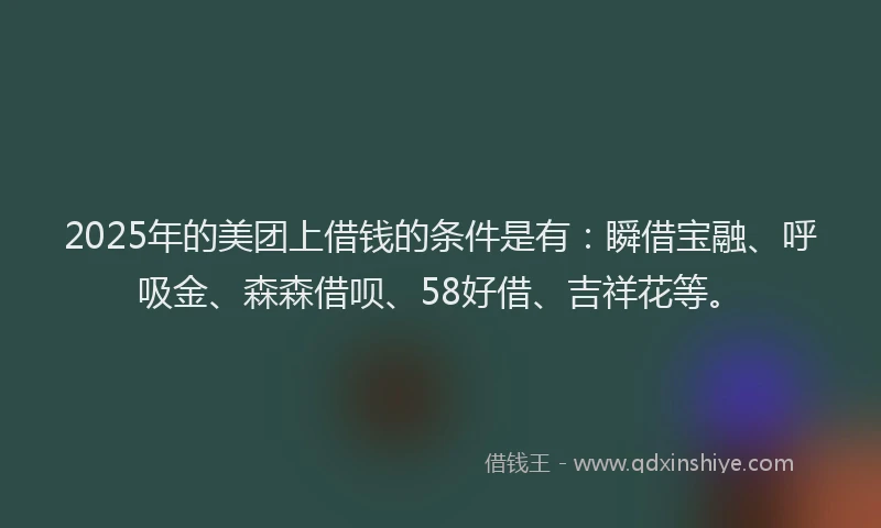 2025年的美团上借钱的条件是有：瞬借宝融、呼吸金、森森借呗、58好借、吉祥花等。