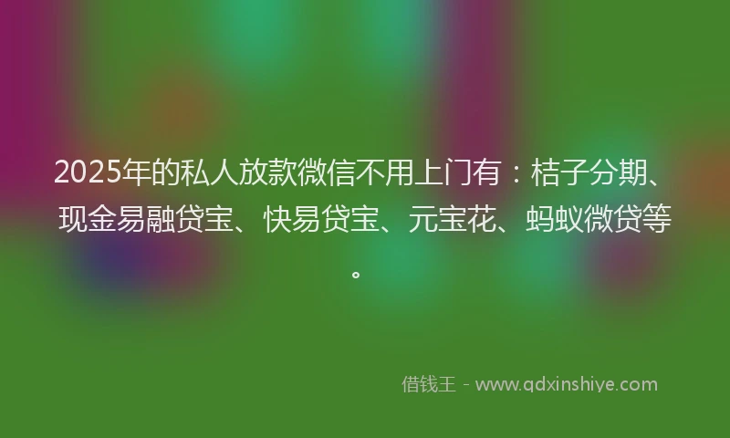 2025年的私人放款微信不用上门有：桔子分期、现金易融贷宝、快易贷宝、元宝花、蚂蚁微贷等。