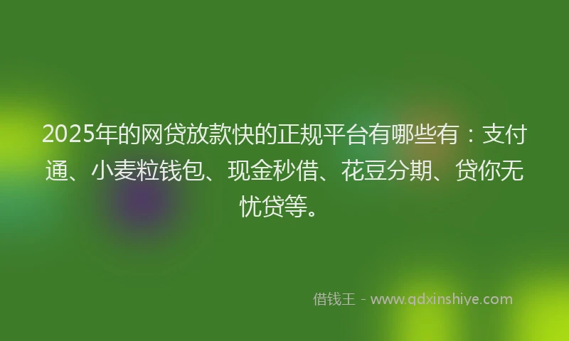 2025年的网贷放款快的正规平台有哪些有：支付通、小麦粒钱包、现金秒借、花豆分期、贷你无忧贷等。