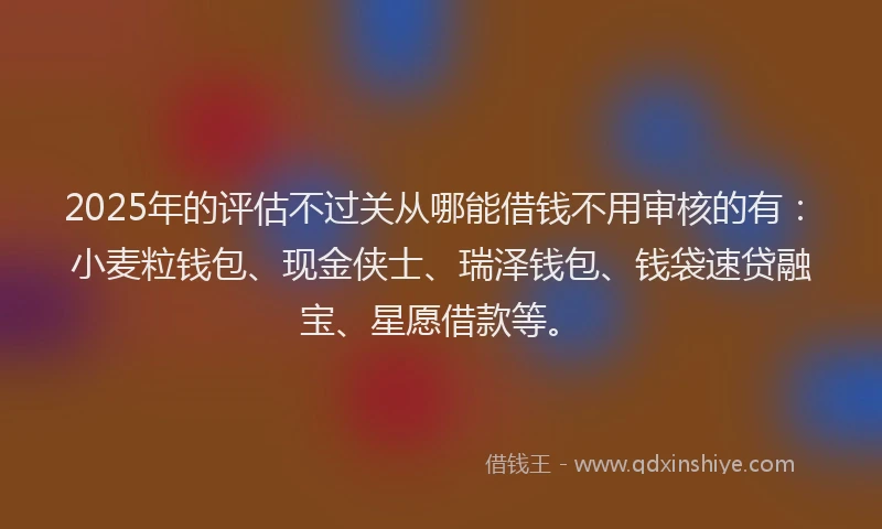 2025年的评估不过关从哪能借钱不用审核的有：小麦粒钱包、现金侠士、瑞泽钱包、钱袋速贷融宝、星愿借款等。
