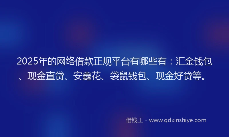 2025年的网络借款正规平台有哪些有：汇金钱包、现金直贷、安鑫花、袋鼠钱包、现金好贷等。