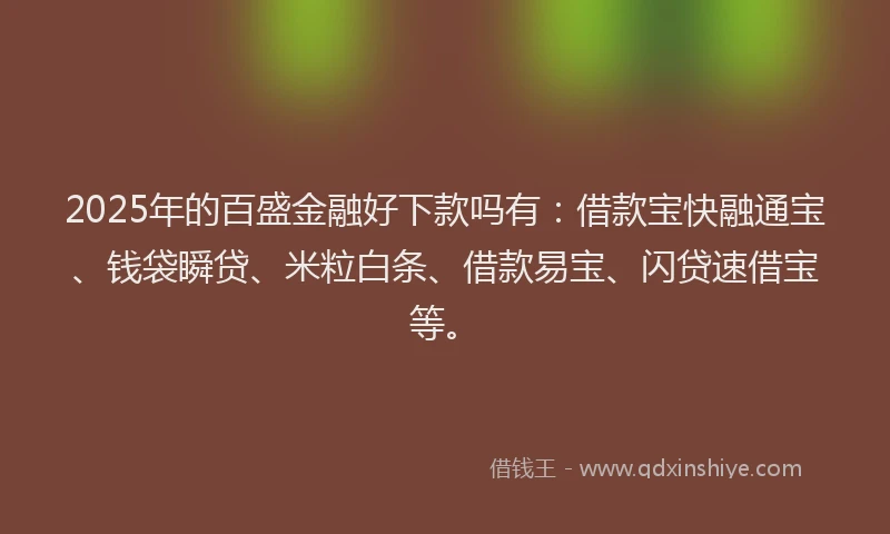 2025年的百盛金融好下款吗有：借款宝快融通宝、钱袋瞬贷、米粒白条、借款易宝、闪贷速借宝等。