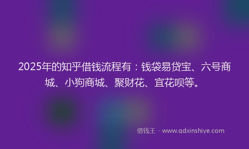 2025年的知乎借钱流程有：钱袋易贷宝、六号商城、小狗商城、聚财花、宜花呗等。