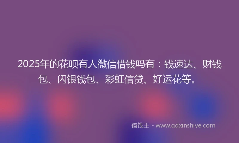 2025年的花呗有人微信借钱吗有：钱速达、财钱包、闪银钱包、彩虹信贷、好运花等。