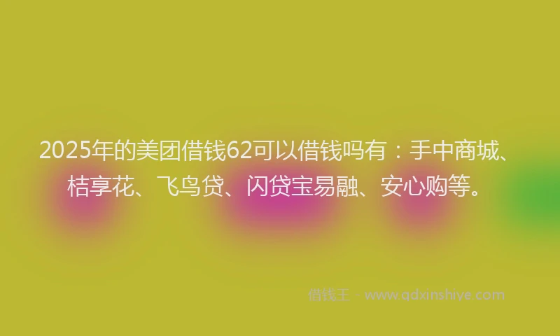 2025年的美团借钱62可以借钱吗有：手中商城、桔享花、飞鸟贷、闪贷宝易融、安心购等。