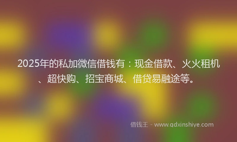 2025年的私加微信借钱有：现金借款、火火租机、超快购、招宝商城、借贷易融途等。