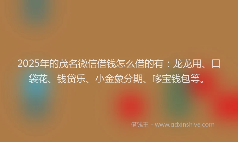 2025年的茂名微信借钱怎么借的有：龙龙用、口袋花、钱贷乐、小金象分期、哆宝钱包等。