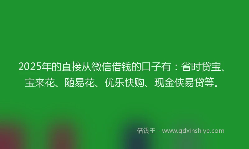 2025年的直接从微信借钱的口子有：省时贷宝、宝来花、随易花、优乐快购、现金侠易贷等。