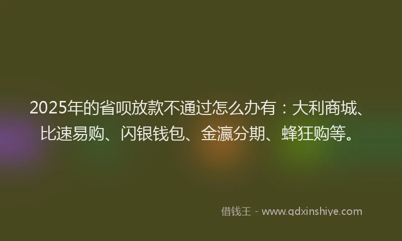 2025年的省呗放款不通过怎么办有：大利商城、比速易购、闪银钱包、金瀛分期、蜂狂购等。