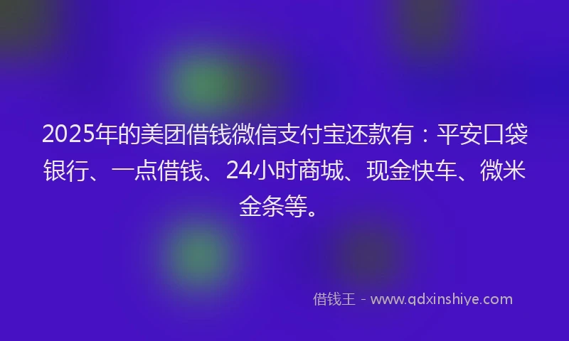 2025年的美团借钱微信支付宝还款有：平安口袋银行、一点借钱、24小时商城、现金快车、微米金条等。