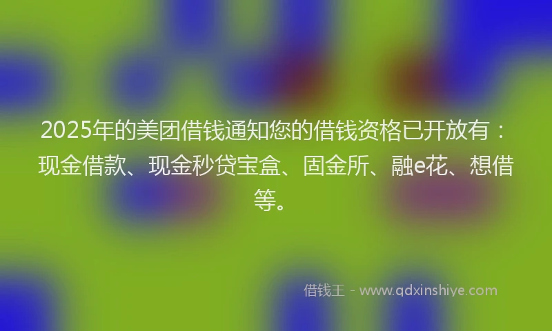2025年的美团借钱通知您的借钱资格已开放有：现金借款、现金秒贷宝盒、固金所、融e花、想借等。