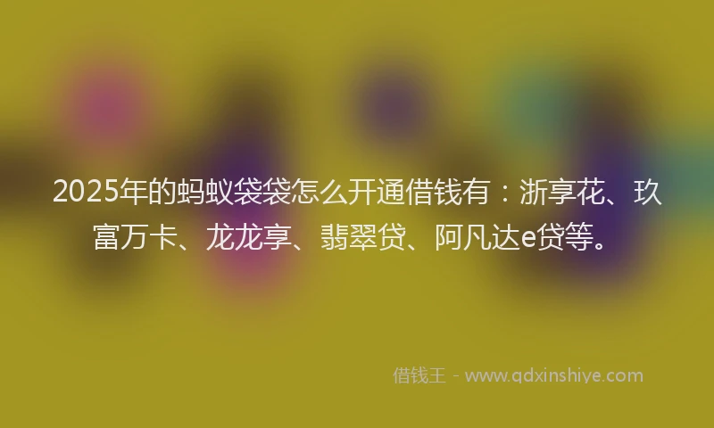 2025年的蚂蚁袋袋怎么开通借钱有：浙享花、玖富万卡、龙龙享、翡翠贷、阿凡达e贷等。