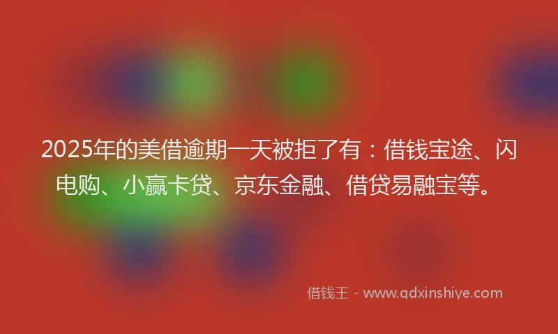 2025年的美借逾期一天被拒了有：借钱宝途、闪电购、小赢卡贷、京东金融、借贷易融宝等。