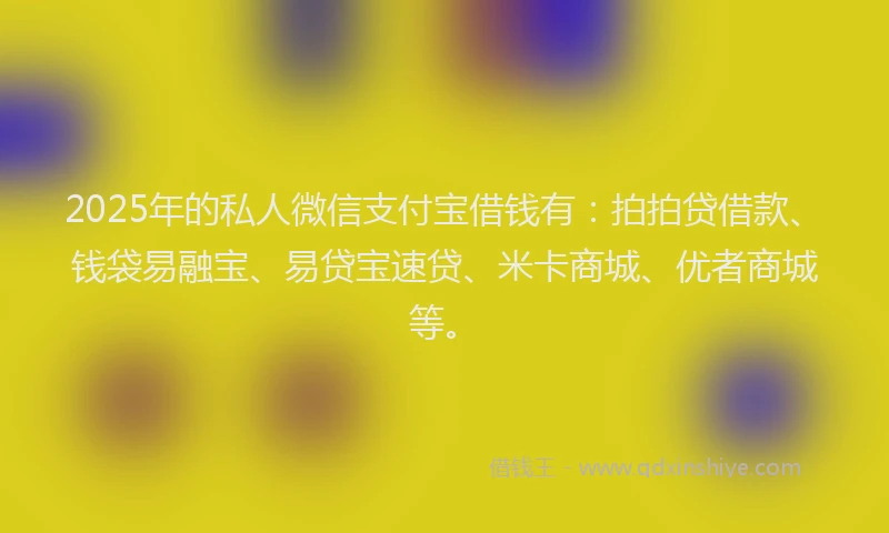 2025年的私人微信支付宝借钱有：拍拍贷借款、钱袋易融宝、易贷宝速贷、米卡商城、优者商城等。