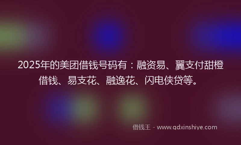 2025年的美团借钱号码有：融资易、翼支付甜橙借钱、易支花、融逸花、闪电侠贷等。