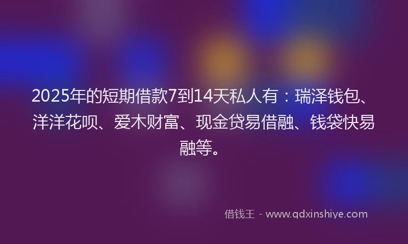 2025年的短期借款7到14天私人有：瑞泽钱包、洋洋花呗、爱木财富、现金贷易借融、钱袋快易融等。