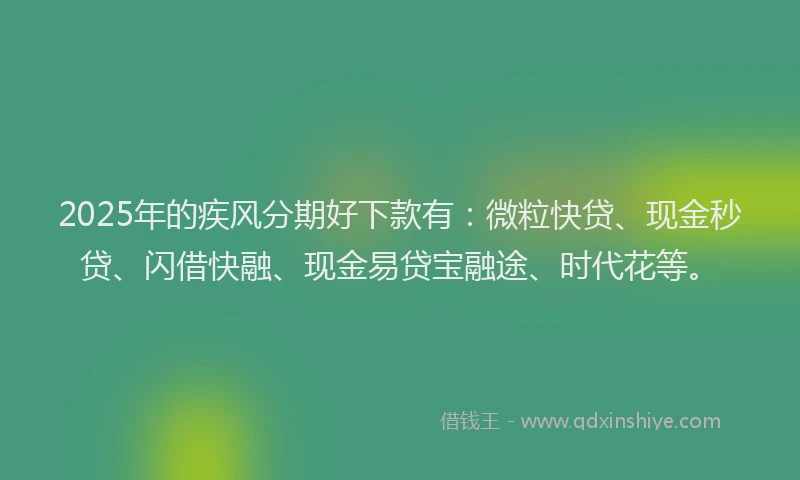 2025年的疾风分期好下款有：微粒快贷、现金秒贷、闪借快融、现金易贷宝融途、时代花等。