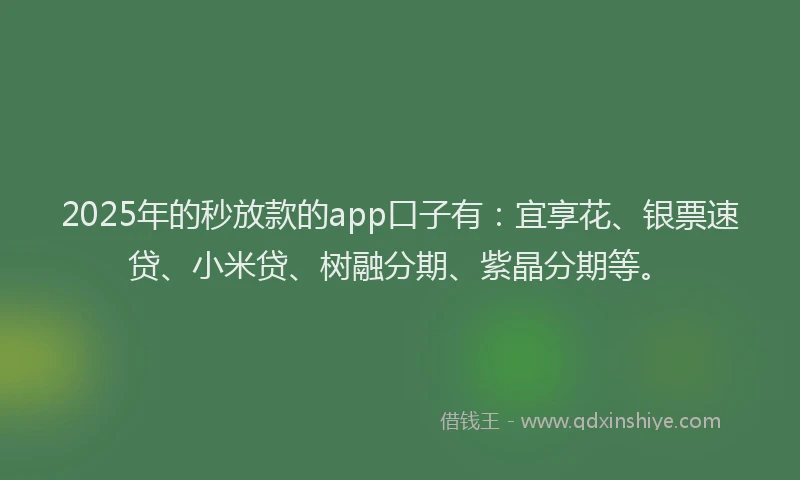 2025年的秒放款的app口子有：宜享花、银票速贷、小米贷、树融分期、紫晶分期等。
