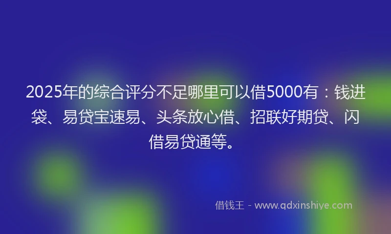 2025年的综合评分不足哪里可以借5000有：钱进袋、易贷宝速易、头条放心借、招联好期贷、闪借易贷通等。