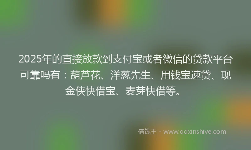 2025年的直接放款到支付宝或者微信的贷款平台可靠吗有：葫芦花、洋葱先生、用钱宝速贷、现金侠快借宝、麦芽快借等。