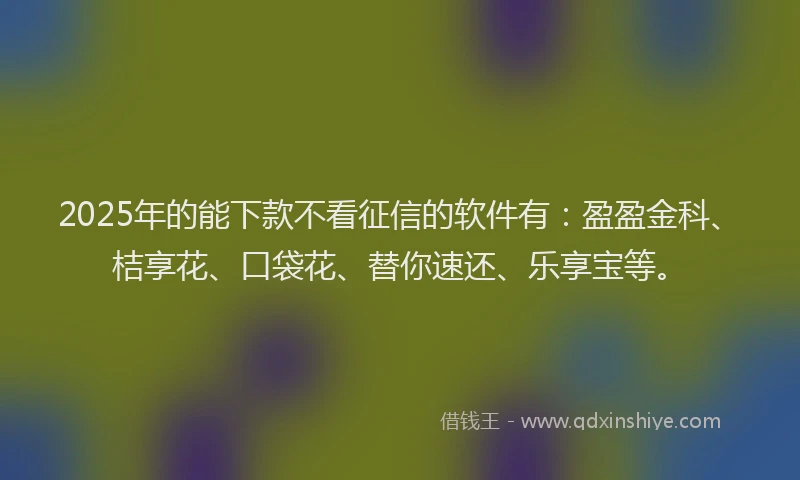 2025年的能下款不看征信的软件有：盈盈金科、桔享花、口袋花、替你速还、乐享宝等。