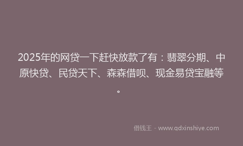 2025年的网贷一下赶快放款了有：翡翠分期、中原快贷、民贷天下、森森借呗、现金易贷宝融等。