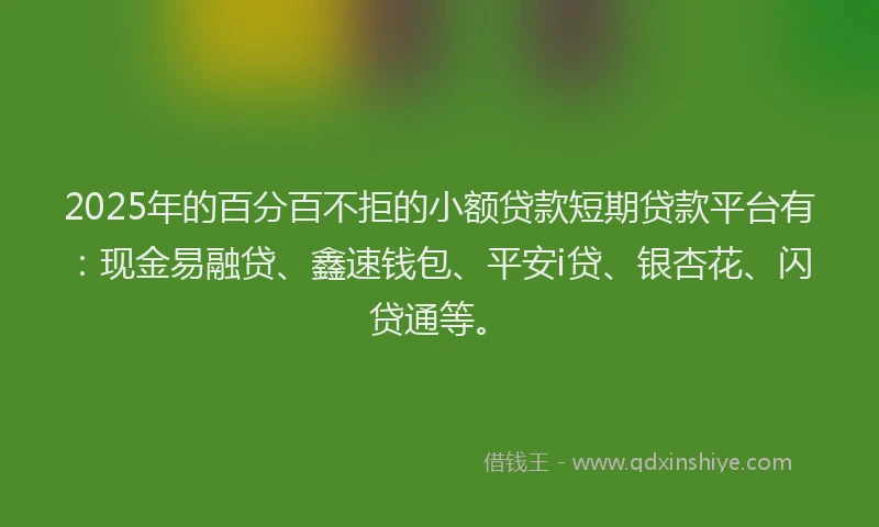 2025年的百分百不拒的小额贷款短期贷款平台有：现金易融贷、鑫速钱包、平安i贷、银杏花、闪贷通等。